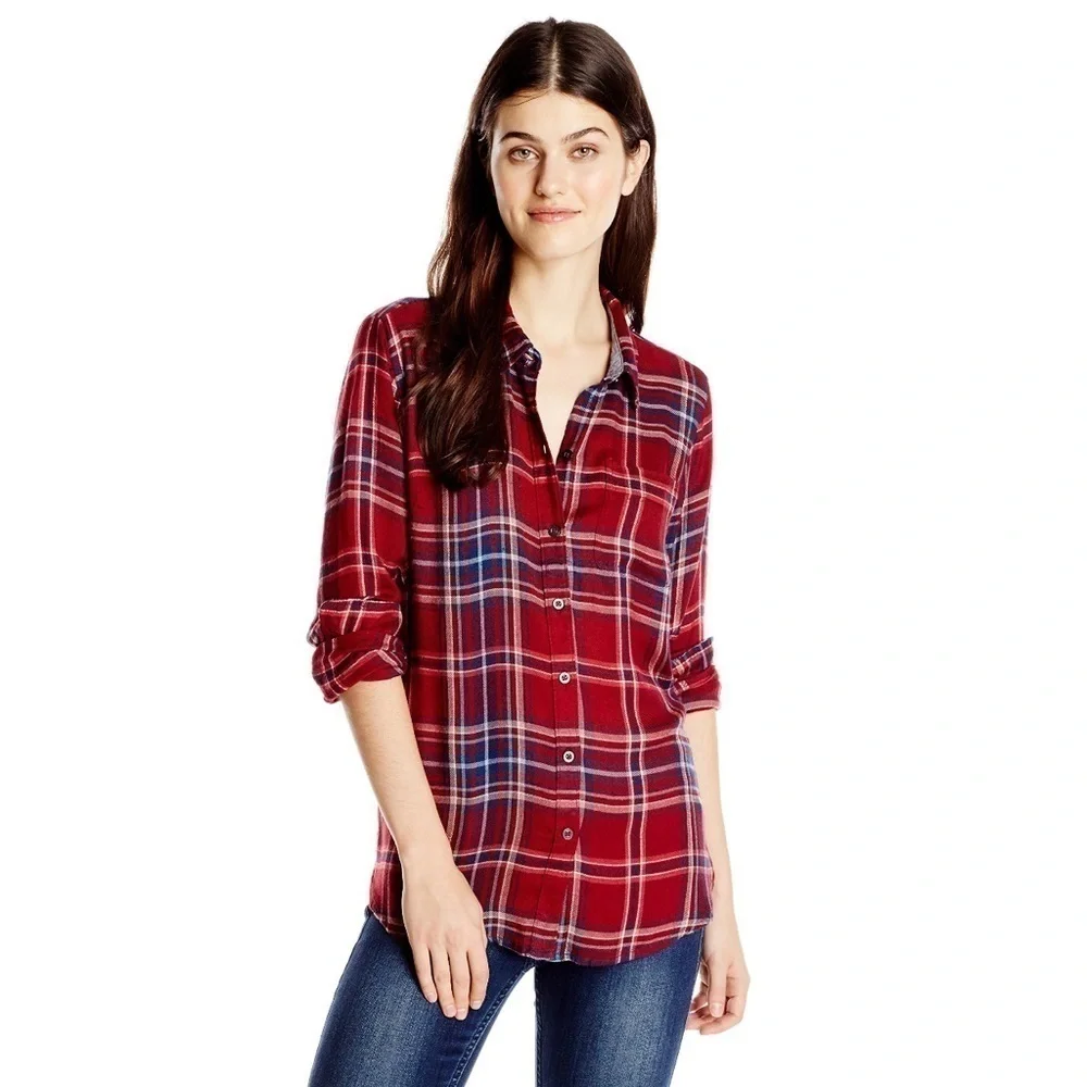 Lucky Brand Bungalow Plaid Red Blue and White Button Down Shirt back Vent Size L